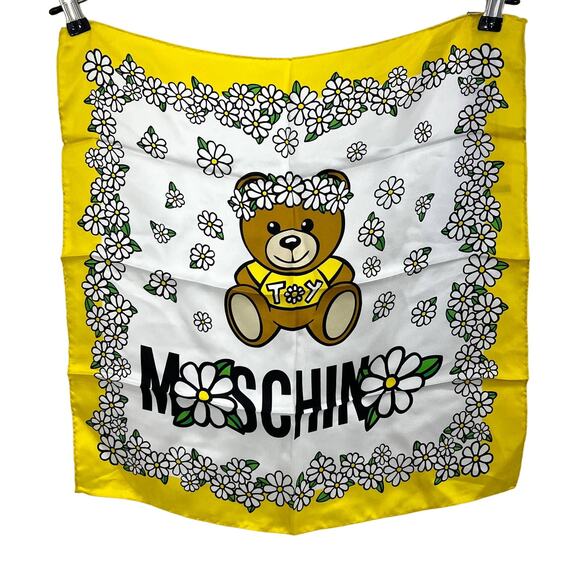 Moschino Bear Daisy Silk Square Yellow Scarf Made in Italy - Picture 1 of 8